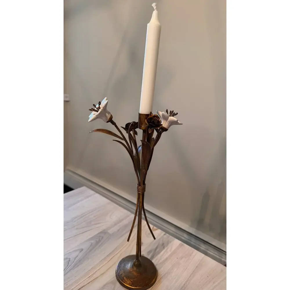 VINTAGE French Ceramic Lilies Bronze Tone Rose Hollywood Regency Candle Holder